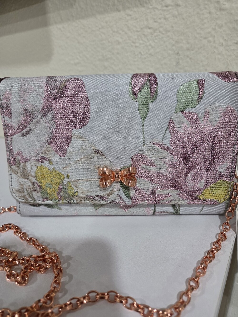 Ted Baker Floral Pink Metallic Accent Crossbody Clutch